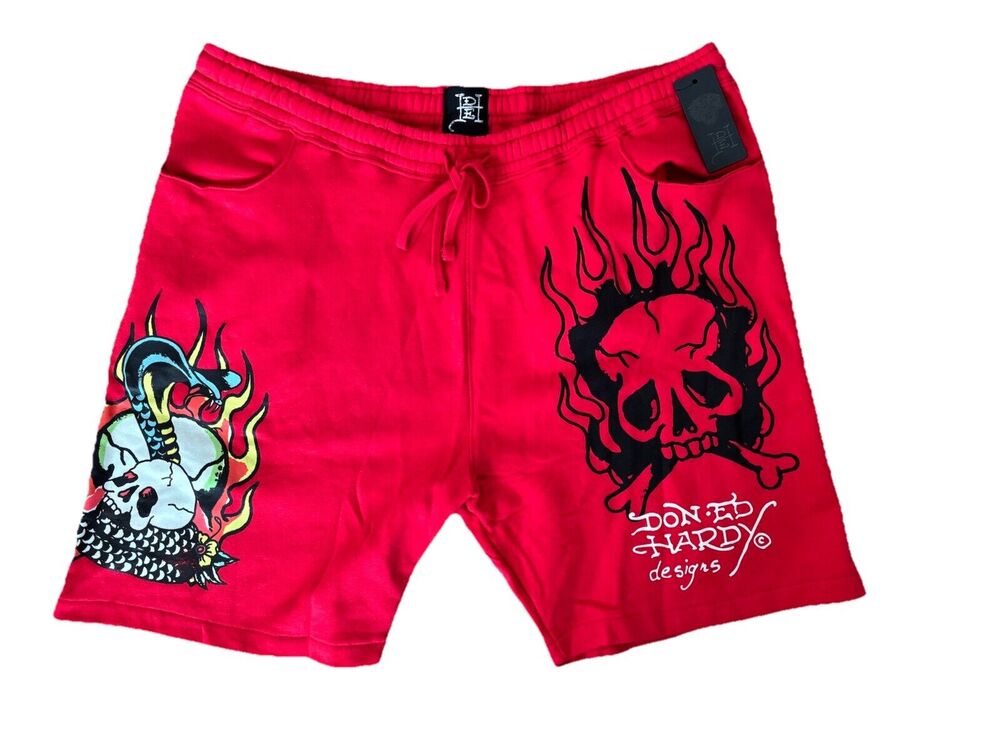 Ed Hardy Y2K Red Shorts Mens XXL Skull Snake Dragon Spell Out Double Sided - NEW